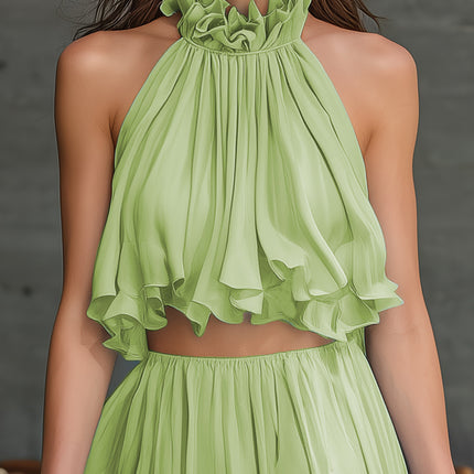 Stylish Vacation Halter-neck Chiffon Top And Solid-color Chiffon Skirt Set