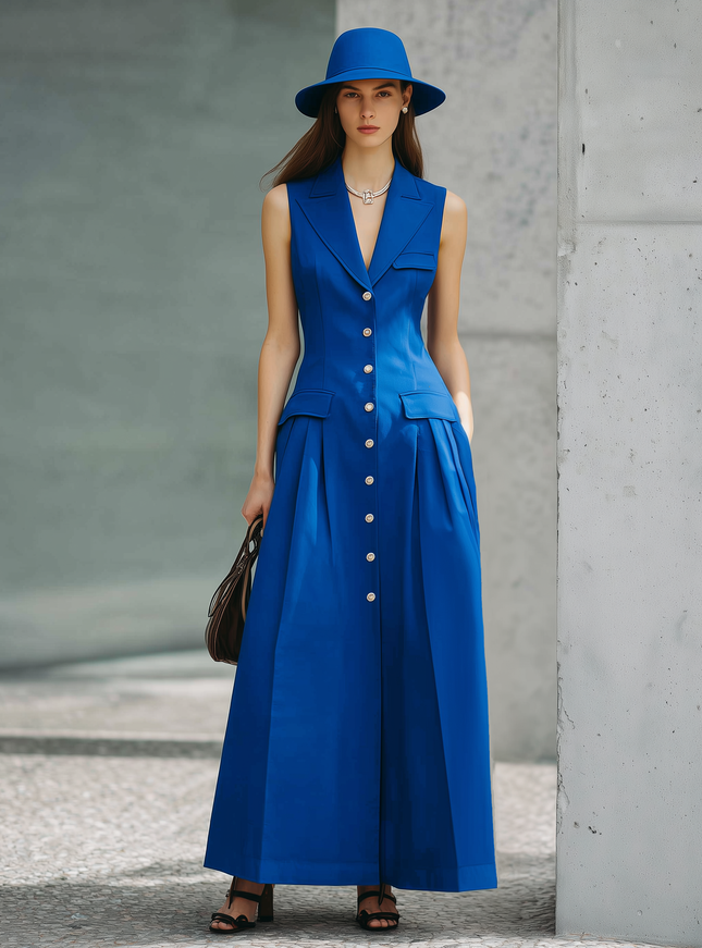 Urban Quiet Luxury Blue Suiting Fabric Sleeveless Maxi Dress