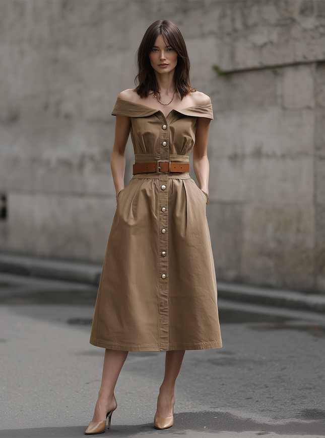 Minimalist Style Brown Faux Denim Sleeveless Off The Shoulder Midi Dress
