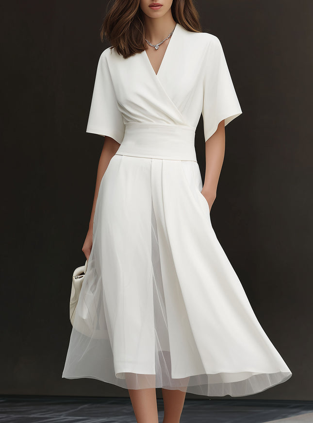 Elegant And Luxurious White Tulle Layered Short-sleeved Midi Dress