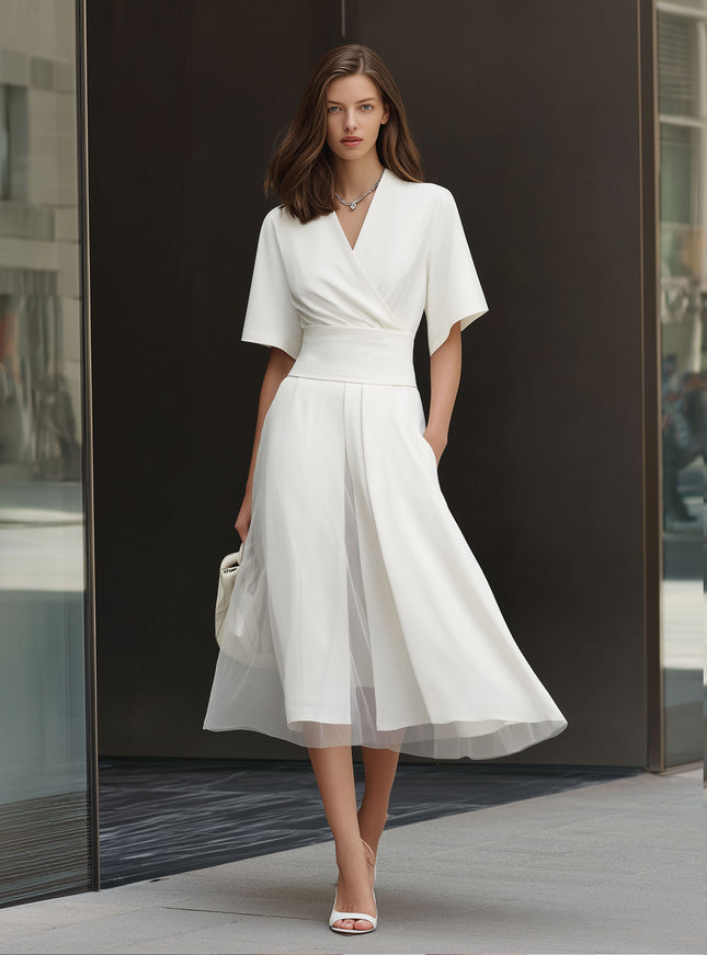 Elegant And Luxurious White Tulle Layered Short-sleeved Midi Dress