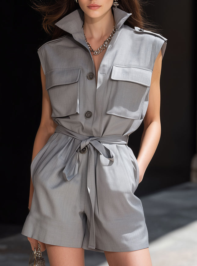 Urban Fashion Gray Sleeveless Drawstring Shorts Jumpsuit