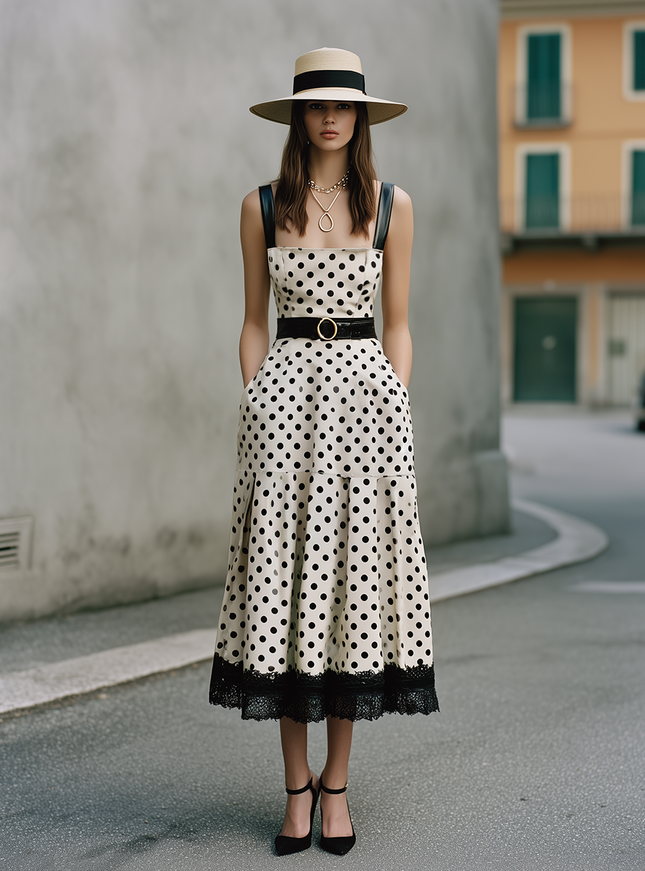Urban Quiet Luxury White Satin Slip  With Black Polka Dots Midi Dress