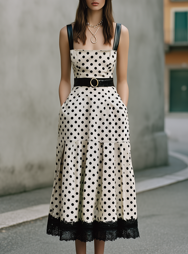Urban Quiet Luxury White Satin Slip  With Black Polka Dots Midi Dress