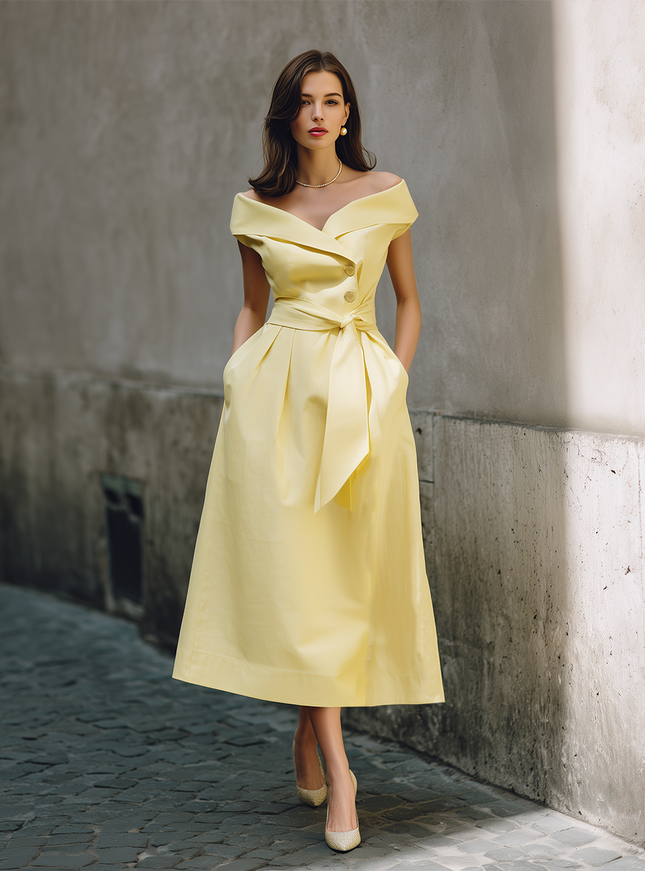 Urban Quiet Luxury Yellow Sleeveless V-Neck Suit Fabric Midi Dress