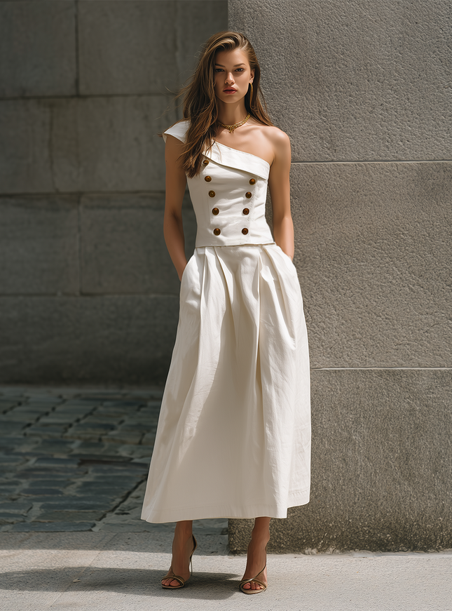 Minimalist Style White Denim One Shoulder Sleeveless Double Breasted Midi Dress