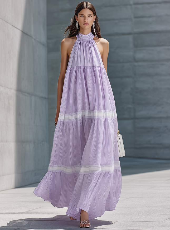 Stylish Purple Striped Halter-Neck Sleeveless Tiered Chiffon Maxi Dress