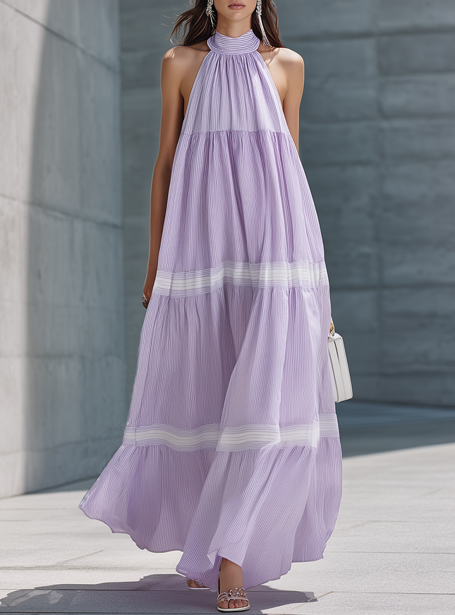 Stylish Purple Striped Halter-Neck Sleeveless Tiered Chiffon Maxi Dress