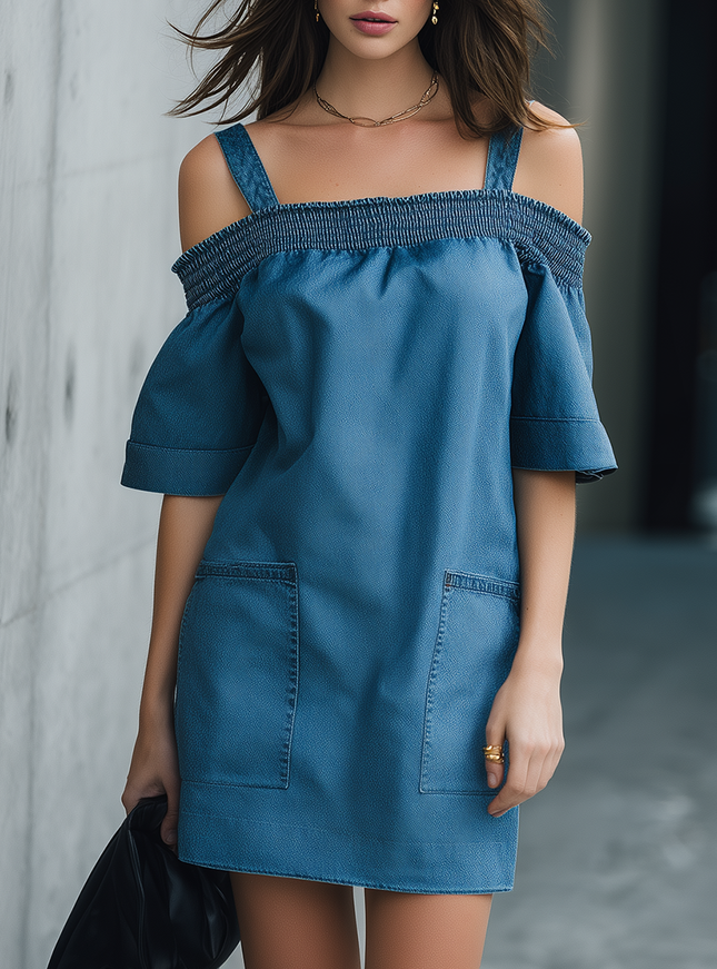 Stylish Blue Strap Off-Shoulder Short-Sleeve Pockets Denim Mini Dress