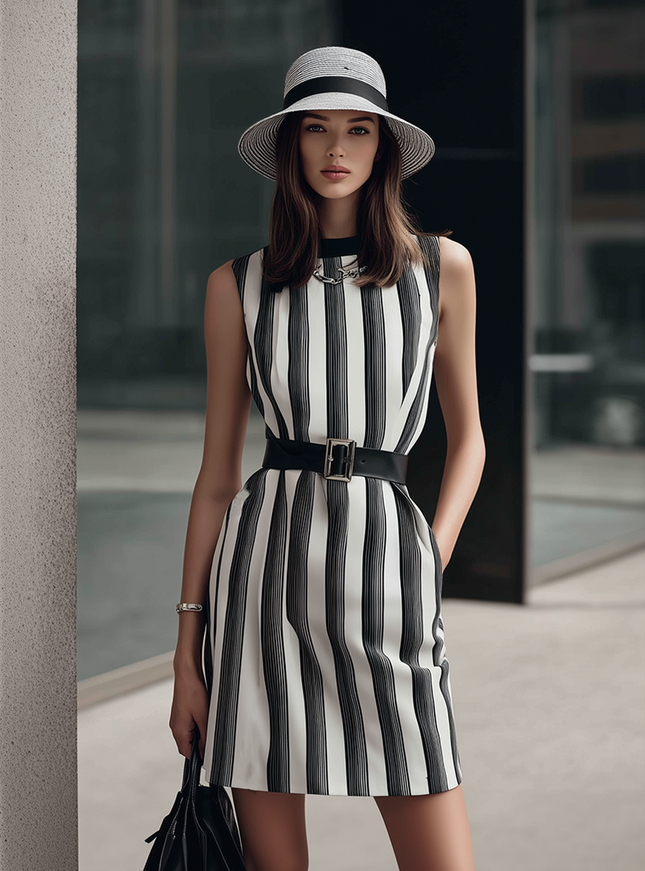 Minimalist Commuter Style Black White Striped Satin Sleeveless Mini Dress