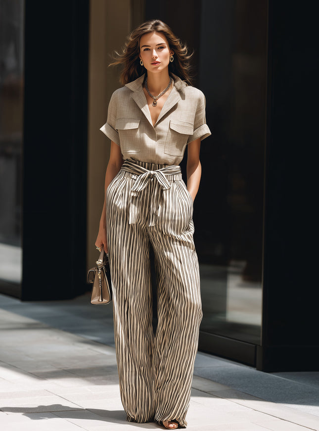 Chic And Understated Khaki Short-sleeved Shirt And Striped Drawstring Trousers Set