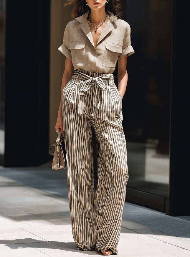 Chic And Understated Khaki Short-sleeved Shirt And Striped Drawstring Trousers Set