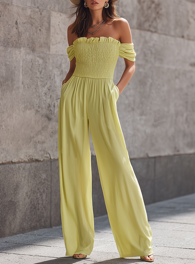 Stylish Yellow Off Shoulder Short Sleeve Shirred Waist Chiffon Jumpsuit