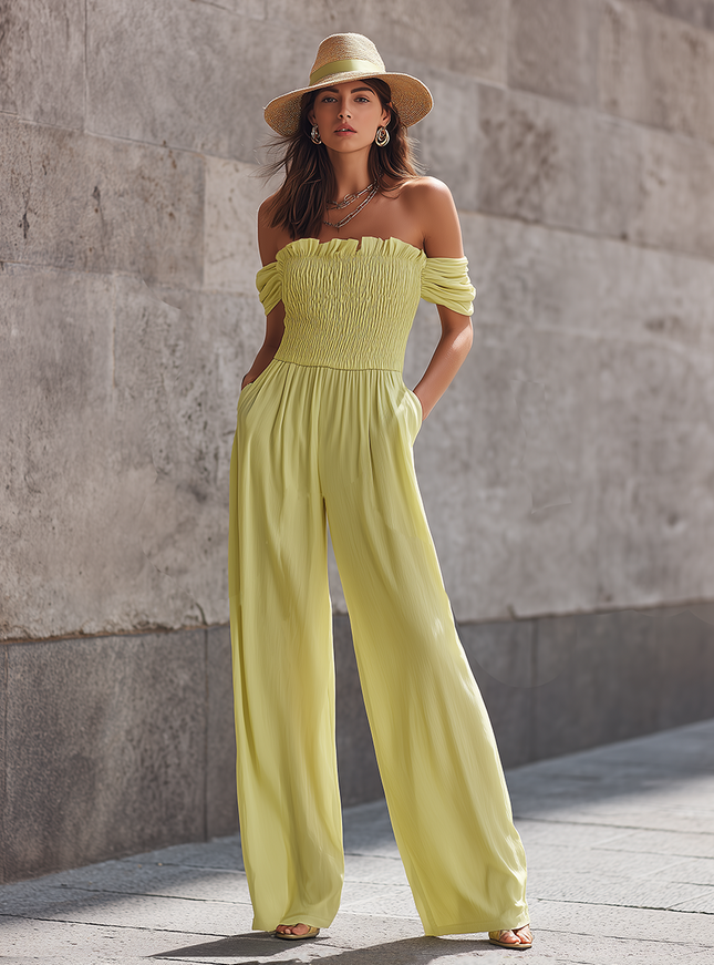 Stylish Yellow Off Shoulder Short Sleeve Shirred Waist Chiffon Jumpsuit