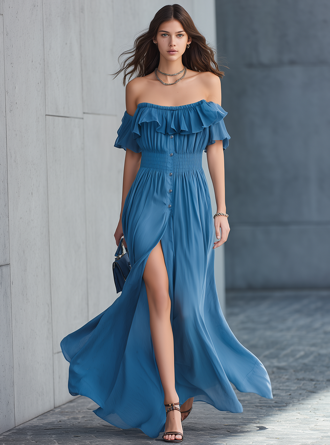 Stylish Blue Off-Shoulder Ruffled Neckline Front Button Front Slit Chiffon Maxi Dress