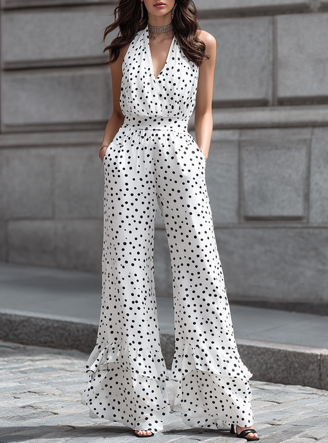 Minimalist Urban Style White Chiffon Sleeveless With Black Polka Dots Jumpsuit