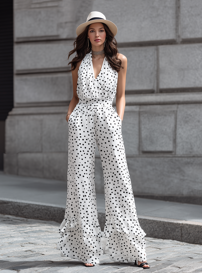 Minimalist Urban Style White Chiffon Sleeveless With Black Polka Dots Jumpsuit
