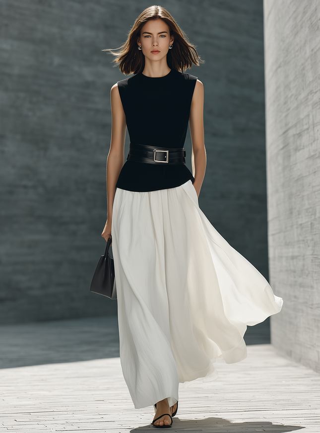 Stylish Black Cotton-Linen Sleeveless White Chiffon Paneling Belt Maxi Dress