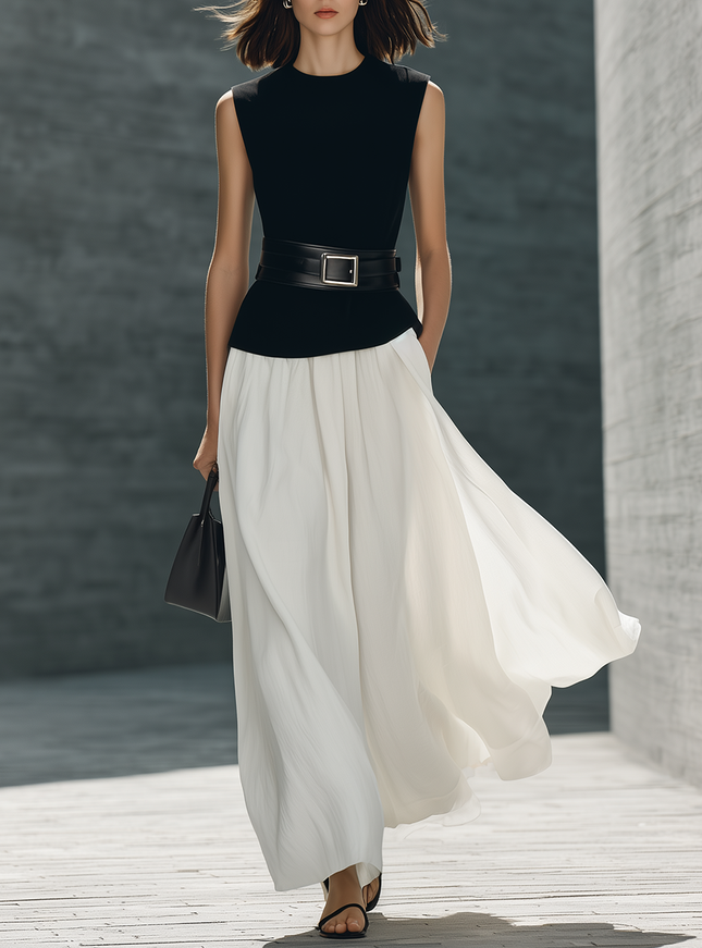 Stylish Black Cotton-Linen Sleeveless White Chiffon Paneling Belt Maxi Dress