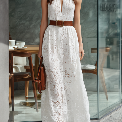 Minimalist White Lace Sleeveless Halter Maxi Dress