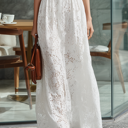 Minimalist White Lace Sleeveless Halter Maxi Dress