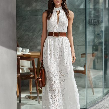 Minimalist White Lace Sleeveless Halter Maxi Dress