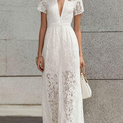 Urban Style White Lace Short Sleeve V-Neck Maxi Dress