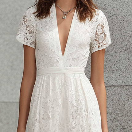 Urban Style White Lace Short Sleeve V-Neck Maxi Dress