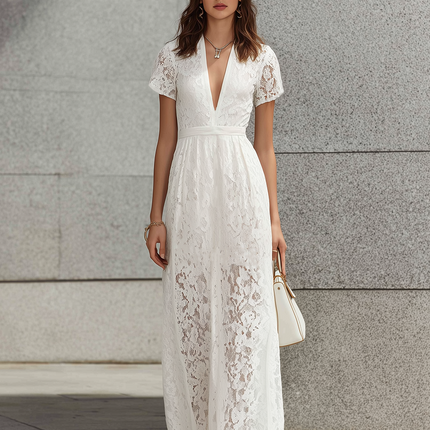 Urban Style White Lace Short Sleeve V-Neck Maxi Dress