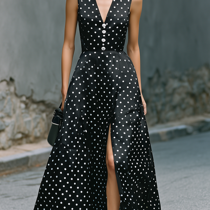 Urban Quiet Luxury Style Black Satin Polka Dot Sleeveless Midi Dress