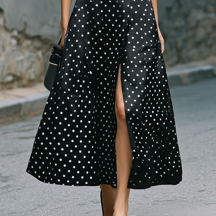 Urban Quiet Luxury Style Black Satin Polka Dot Sleeveless Midi Dress