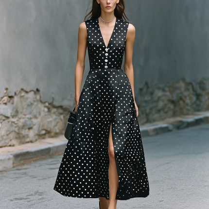 Urban Quiet Luxury Style Black Satin Polka Dot Sleeveless Midi Dress