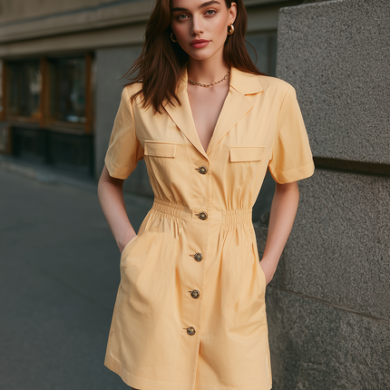 Minimalist Yellow Short Sleeve Elastic Waist Mini Dress