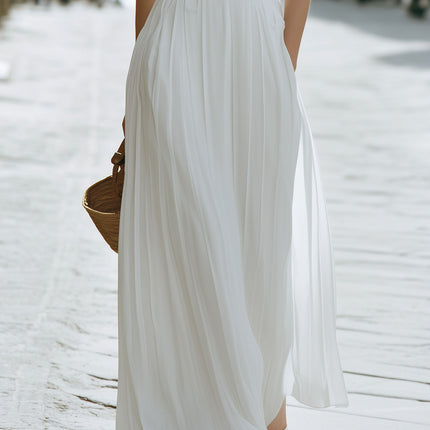 French-style White Embroidered V-neck Sleeveless Maxi Dress