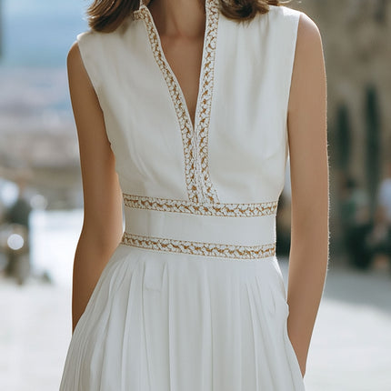 French-style White Embroidered V-neck Sleeveless Maxi Dress