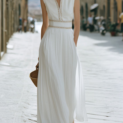 French-style White Embroidered V-neck Sleeveless Maxi Dress
