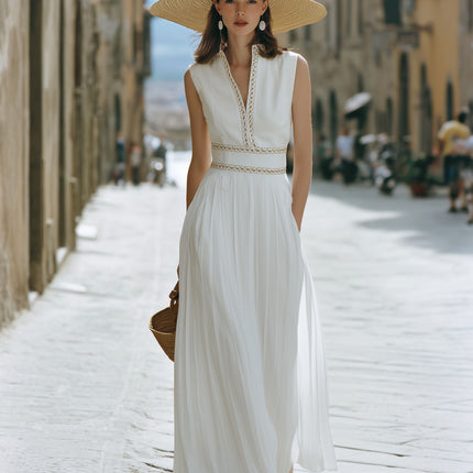 French-style White Embroidered V-neck Sleeveless Maxi Dress