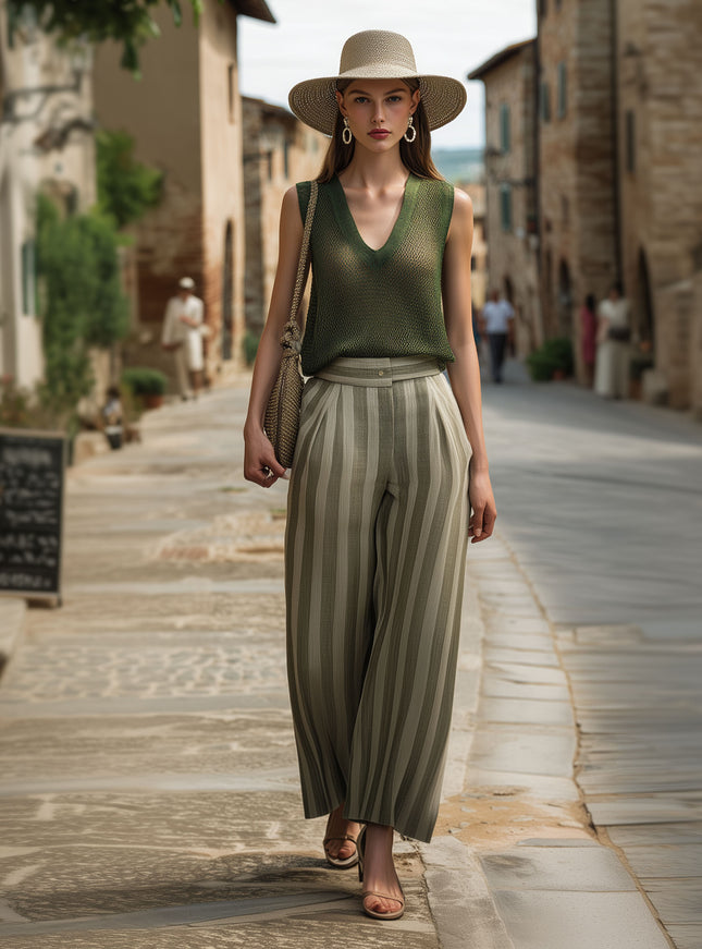 French-style Elegant Green Knit Mesh Top And Striped Cotton-linen Trousers Set