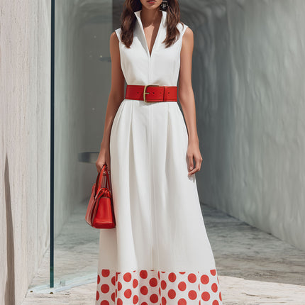 Stylish And Chic Red Polka Dot Patchwork White V-neck Sleeveless Maxi Dress