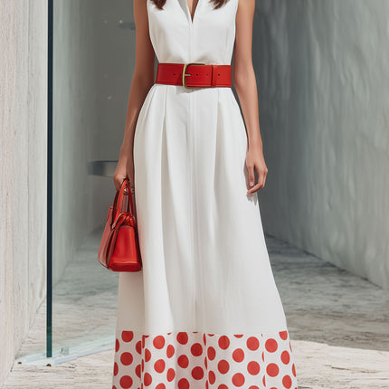 Stylish And Chic Red Polka Dot Patchwork White V-neck Sleeveless Maxi Dress