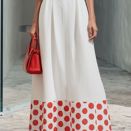 Stylish And Chic Red Polka Dot Patchwork White V-neck Sleeveless Maxi Dress