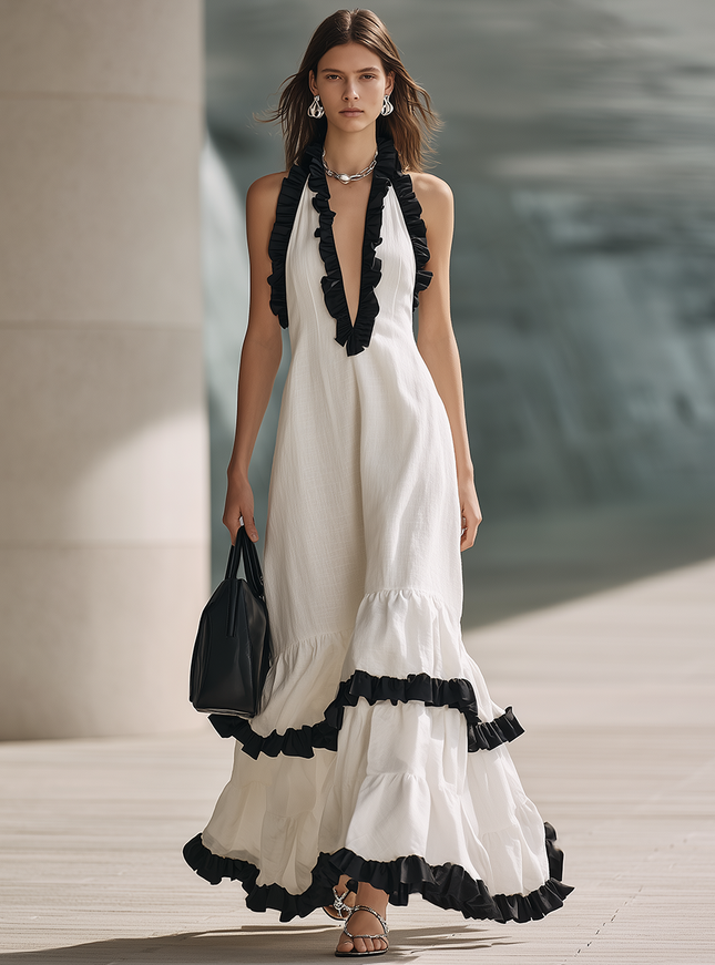 Stylish White Sleeveless Black Ruffle Trim Halter-Neck Cotton-Linen Maxi Dress