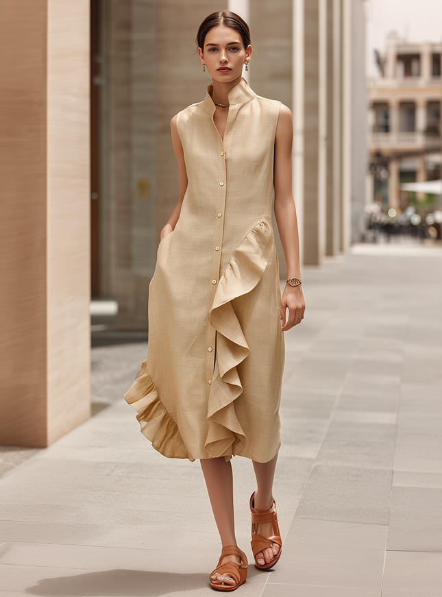 Stylish Beige Stand Collar Front Buttons Asymmetrical Ruffles Cotton-Linen Midi Dress