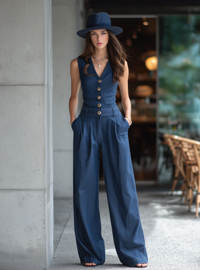 Minimalist Blue Denim V-Neck Sleeveless Jumpsuit