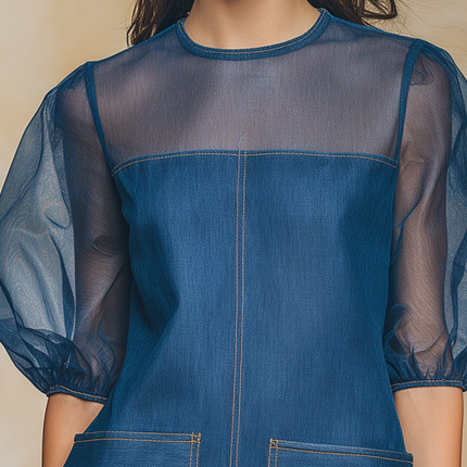Elegant Round Neck Short-sleeved Organza And Tencel Denim Mini Dress