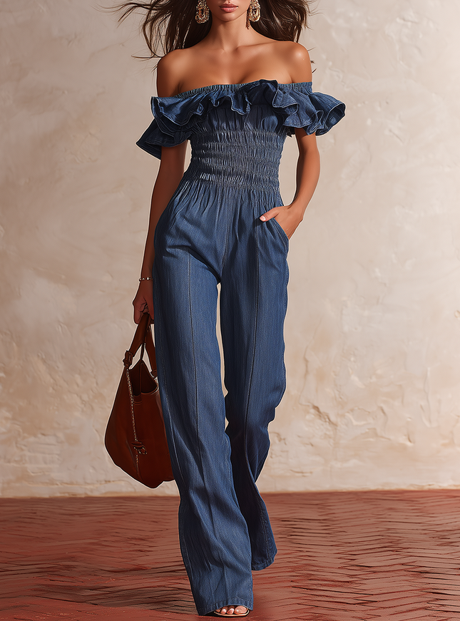 Retro-chic Off-shoulder Ruffled Denim Jumpsuit