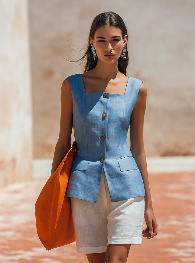 Retro Minimalist Square Neck Cotton And Linen Vest And Bermuda Shorts Set