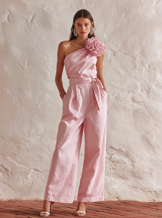 Trendy One-shoulder 3D Floral Cotton And Linen Jumpsuit