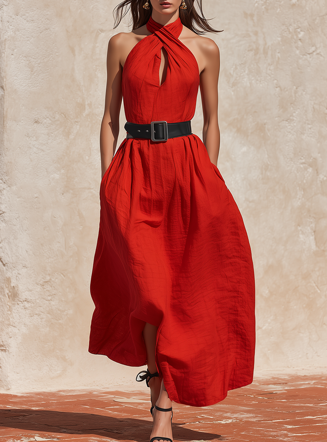 Retro Minimalist Solid Color Cotton Linen Halter Neck Dress