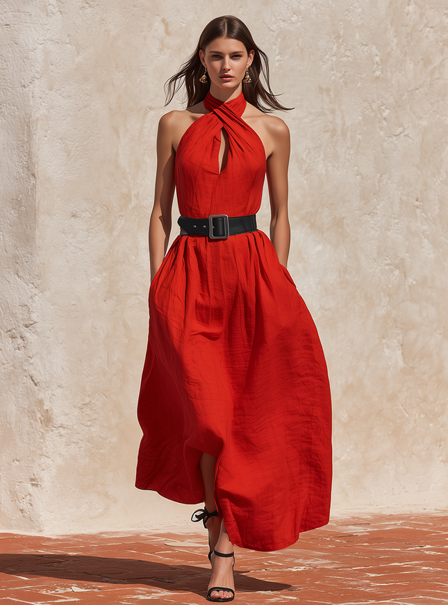 Retro Minimalist Solid Color Cotton Linen Halter Neck Dress